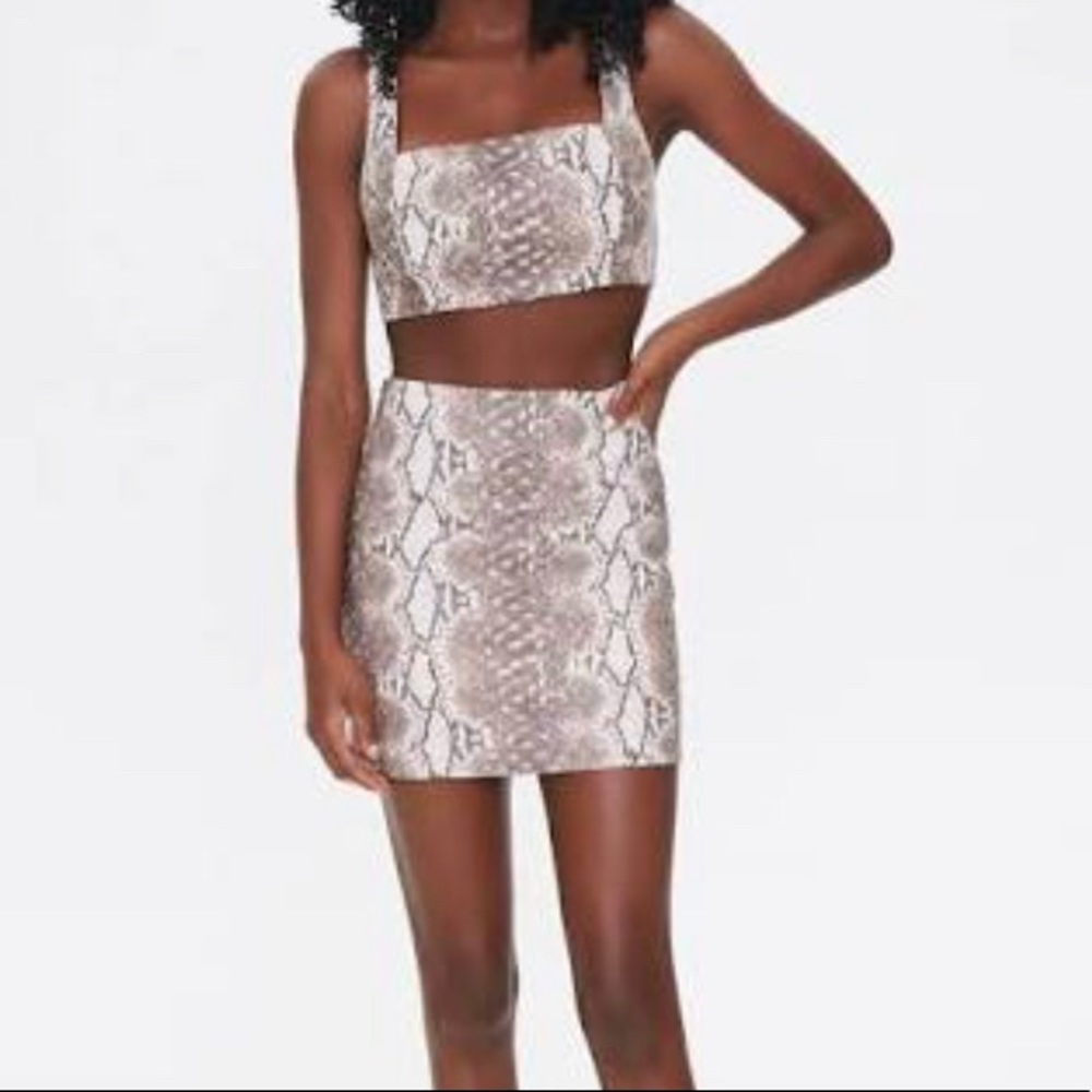 Snake skin print crop top and skirt , leather like